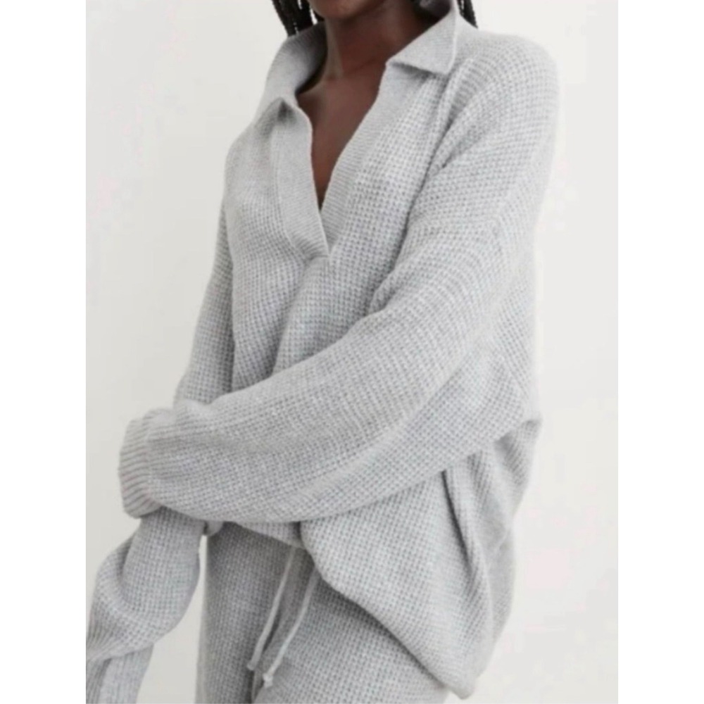 Aerie Womens Gray Cozyup Waffle Knit Oversized Lounge Cozy Polo Sweater Size S